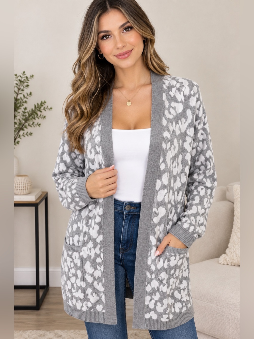 Kim Rogers Gray and White Leopard-Print Open Front Cardigan